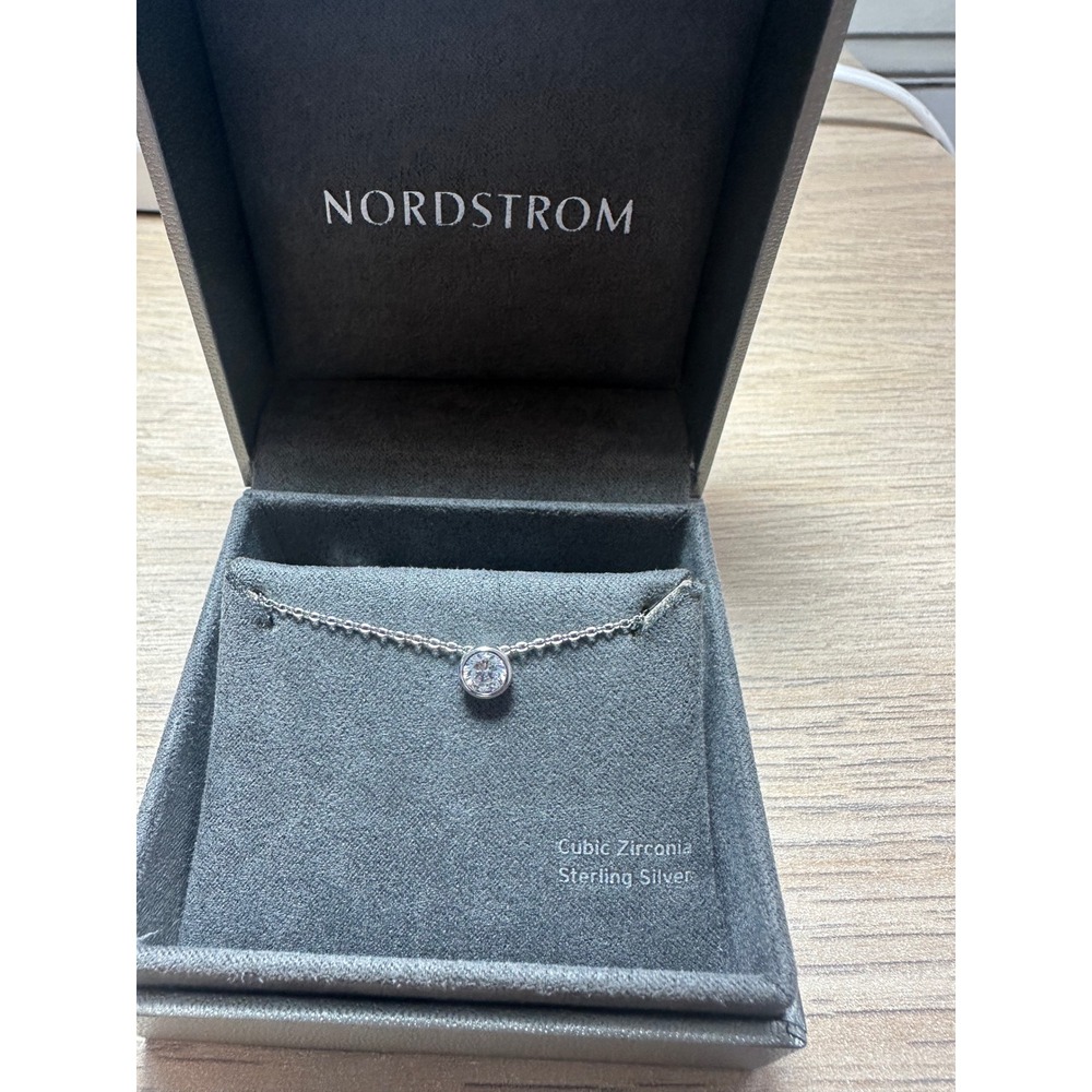 Nordstrom Sterling Silver Cubic Zirconia Bezel Pendant Necklace Round Solitaire